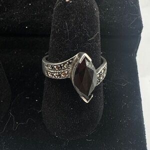 Black Sapphire Marquise-Cut Marcasite Ring - Women Jewelry